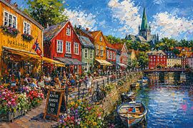 Gemälde von Bakklandet in Trondheim, Norwegen. von Galerie Hoppenbrouwers
