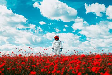 Astronaut in het rode klaprozenveld onder wolken van Poster Art Shop