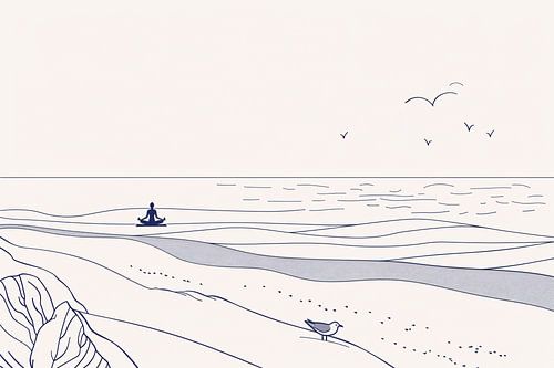 Méditation au bord de la mer avec oiseau