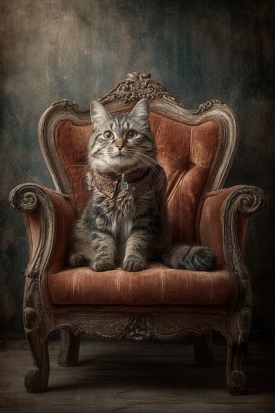 Kat op Barok Troon - Majestueus Portret in oude meesters stijl van Joriali fotografie en schilderijen