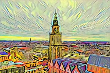 Gemälde Groningen im Stil der Picasso-Skyline mit Martini-Turm vom Forum Groningen von Slimme Kunst.nl