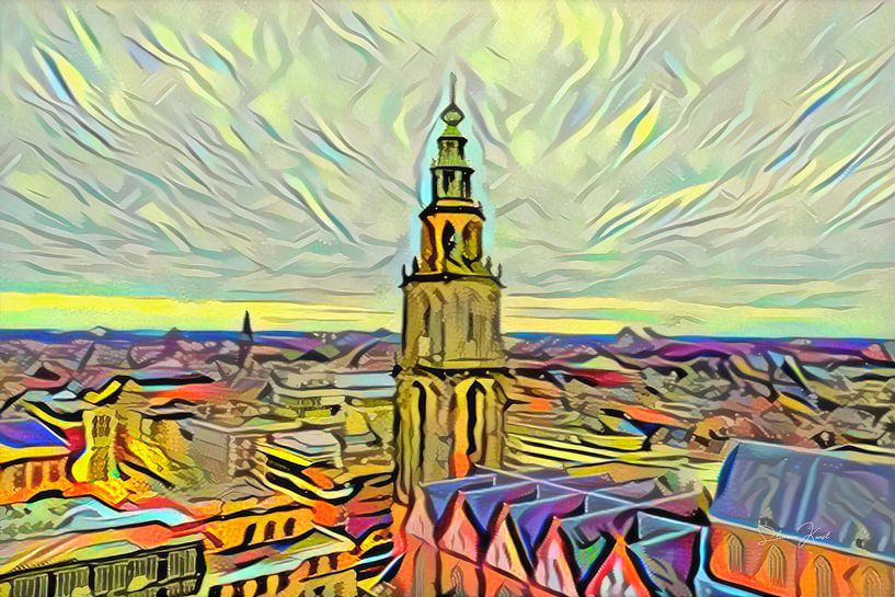 Painting Groningen in style Picasso Skyline with Martini Tower from Forum Groningen by Slimme Kunst.nl