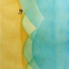 The relaxed beach walk (cheerful abstract watercolor painting landscape sun sea beach nature) by Natalie Bruns