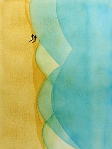 De ontspannen strandwandeling (vrolijk abstract aquarel schilderij landschap strand zee) van Natalie Bruns