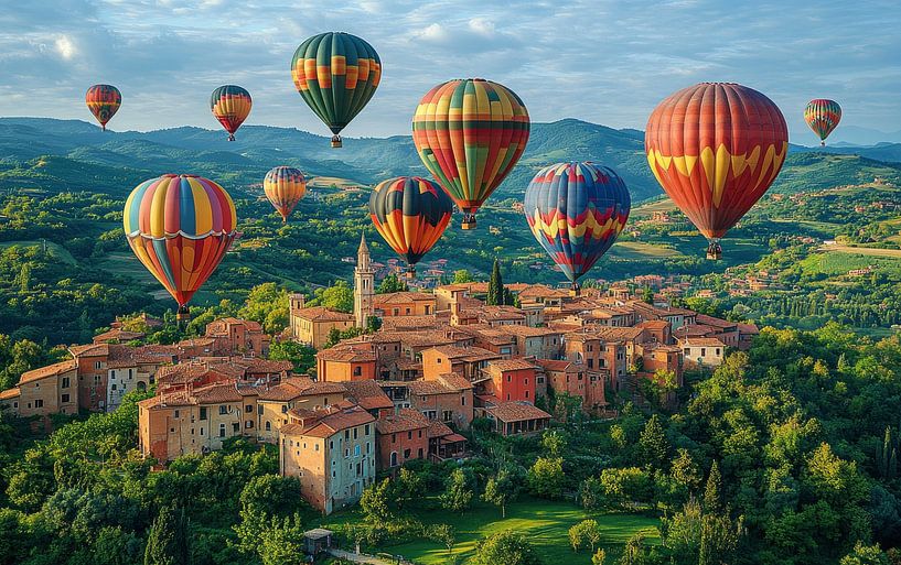Heißluftballons über dem toskanischen Dorf von Lufy