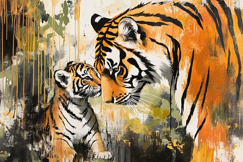 Peinture de la mère et du petit tigre