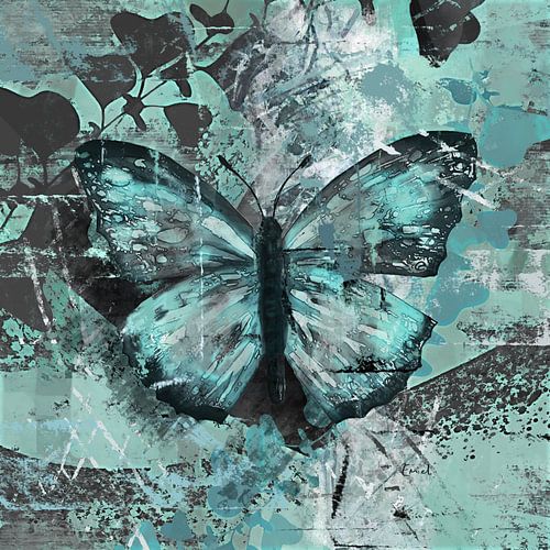Semi abstract mixed media kunstwerk turquoise vlinder