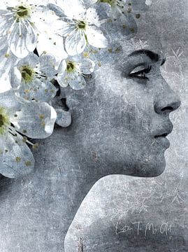 Black Beauty | Een portret van een vrouw met een dromerige blik in de kleuren grijs, groen en wit van Wil Vervenne