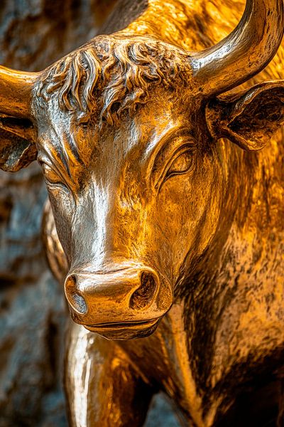 Goldene Bullenskulptur – Detailaufnahme von Poster Art Shop