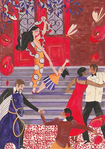 Dancing in front of the red door