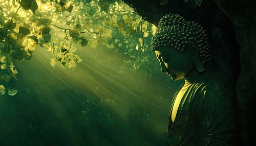 Buddha unter Baum Sonnenuntergangspanorama