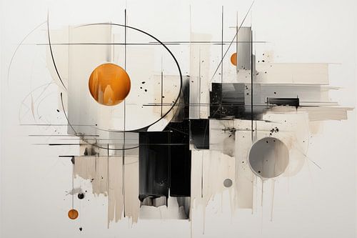 Abstract olieverfschilderij in zwart, grijs en geel