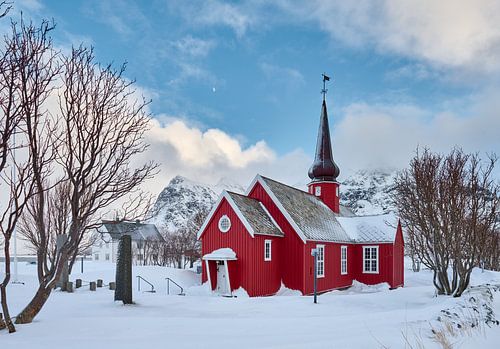 Red church of Flakstad in winter landscape, Lofoten