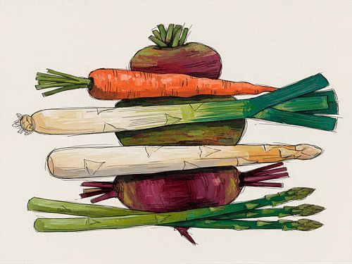 Art culinaire : Assortiment coloré de légumes avec betteraves, carottes et asperges