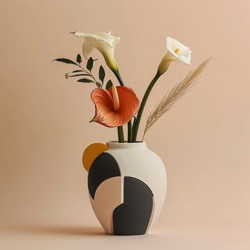 Vintage still life with vase and flowers with will pink background by Digitale Schilderijen