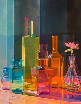 Neon Lumineszenz - Abstraktes Öl-Stillleben von Glaswaren im Sonnenschein von Roger VDB