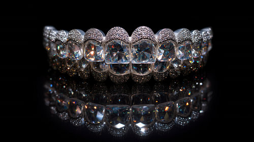 Panoramaansicht von Zähnen mit Diamant-Grillz
