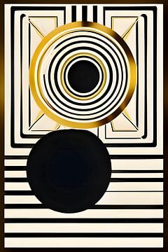 Geometrisch ontwerp met cirkel en lijnen, goud geel, bruin, zwart - Decoratief Art Deco motief van Lily van Riemsdijk - Art Prints with Color
