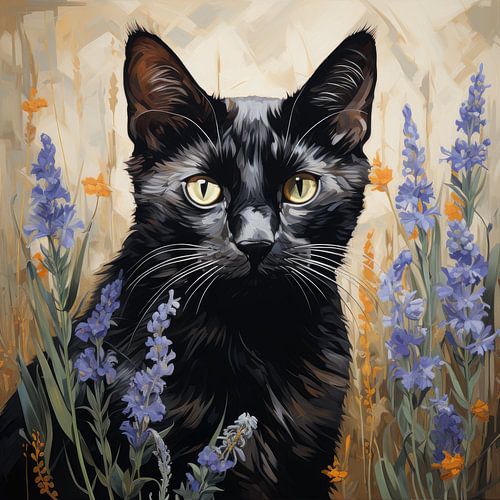 Zwarte kat tussen lavendelbloemen