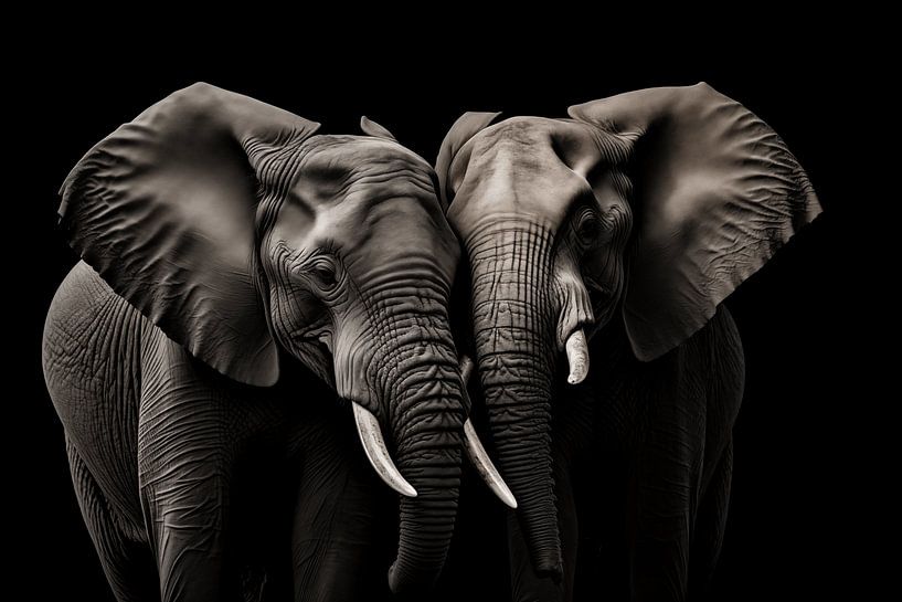 Elefantenpaar im Schwarz-Weiß-Fotografie-Kunstdesign von Animaflora PicsStock