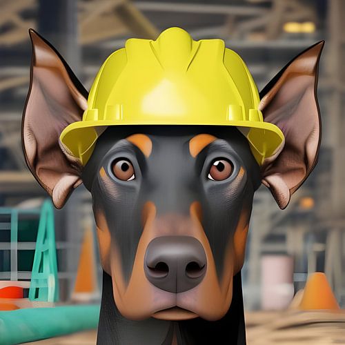 Doberman als bouwvakker
