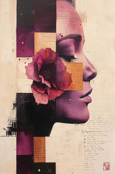 Silent Bloom - Abstract Portrait in Plum &amp; Ochre by Marijke Trienekens