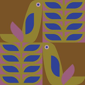 Scandinavian retro. Birds and leaves in dark gold, lilac and cobalt blue by Dina Dankers