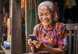 Südostasiatische ältere Frau lächelt mit Telefon auf dem asiatischen Markt