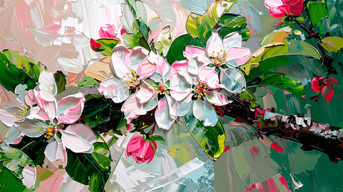 Printemps : Fleurs de pommier en pleine floraison, avec une texture épaisse réalisée au couteau à palette