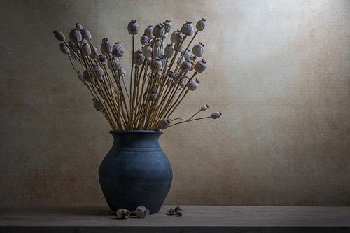 Stilleven met gedroogde papaver in een aardenvaas van John van de Gazelle fotografie