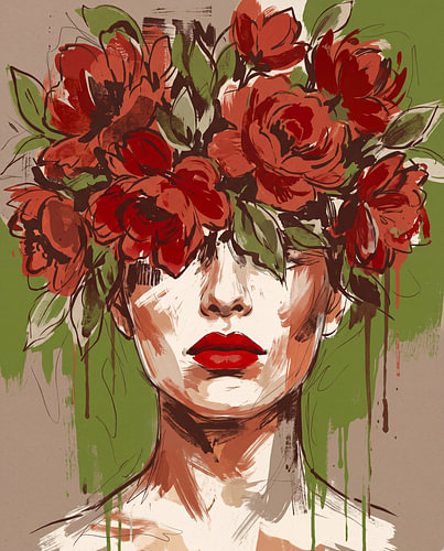 Woman with a lush red wreath of flowers