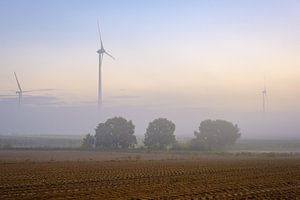 Nebel über Feld mit Windmühlen von Johan Vanbockryck