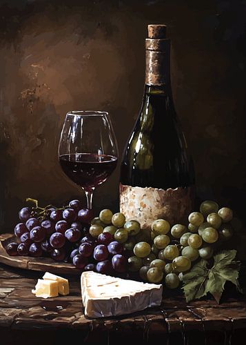 Stilleven met wijn, druiven en kaas in warme kleuren