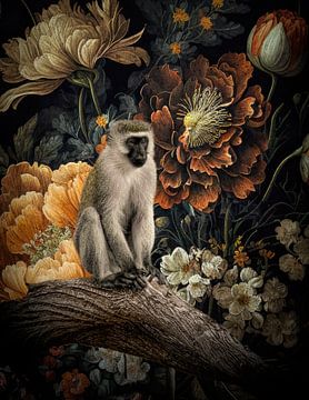 Affe zwischen Blumen