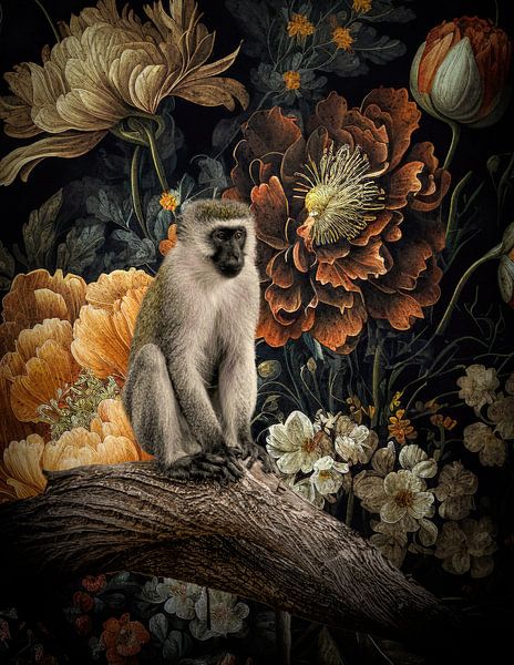Affe zwischen Blumen von Marjolein van Middelkoop