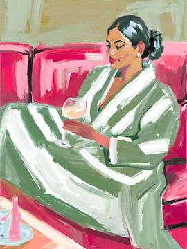 Schöne Frau auf rotem Sofa mit Wein van Ohkimiko