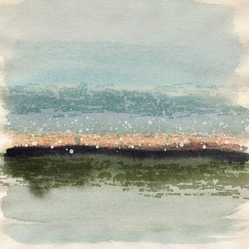 Abstrakte Aquarellmalerei im minimalistischen Stil. Landschaft in Grün, Blau, Koralle von Dina Dankers