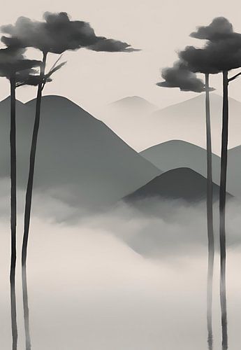 Minimalistisch landschap met mistige bergen