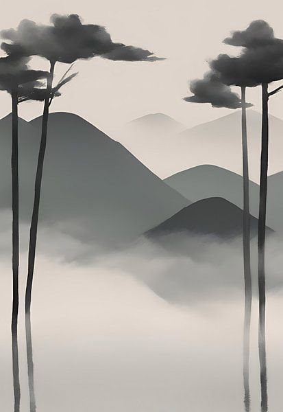 Minimalist landscape with misty mountains by Art & Soul Creations