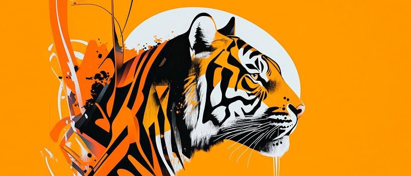 Tiger profile in front of bright orange by Poster Art Shop