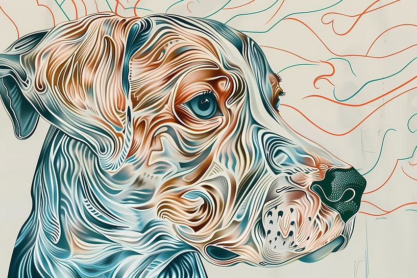 Kleurrijke abstracte hond lijntekening schilderij van Art & Soul Creations