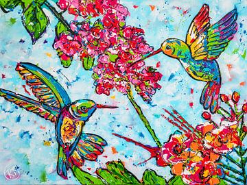 Kolibrie in bloementuin van Happy Paintings