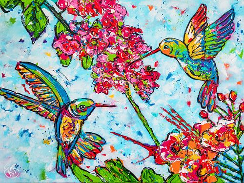 Kolibri im Blumengarten von Happy Paintings / Renata Rolefes