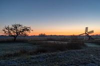 Zonsopkomst in de mist met prachtig lucht op de heide, vlak bij Kalenb