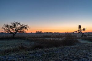 Sonnenaufgang im Nebel mit schönem Himmel auf der Heide, bei Kalenberg, Overijssel, Niederlande