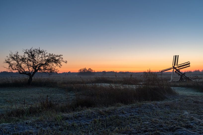 Sunrise in the mist with beautiful sky on the heath, near Kalenberg, Overijssel, Netherlands by Norbert Versteeg