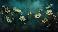 Subtle textured turquoise painted flowers on a dark, moody background.