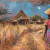 Femme dans un paysage : chemin de village aux couleurs chaudes sur Eva Lee