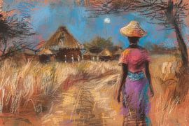 Frau in der Landschaft – Dorfweg in warmen Farben