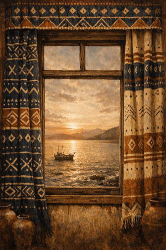 Afrohemian Coastal Sunset Through Mudcloth Window
